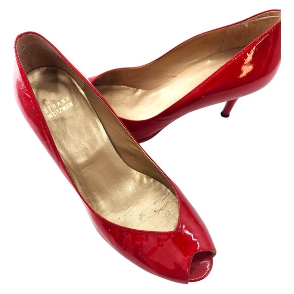 STUART WEITZMAN AUTH $399 Women Red Patent Leather Open Toe Linda Pump Size 9.5 - Picture 7 of 10